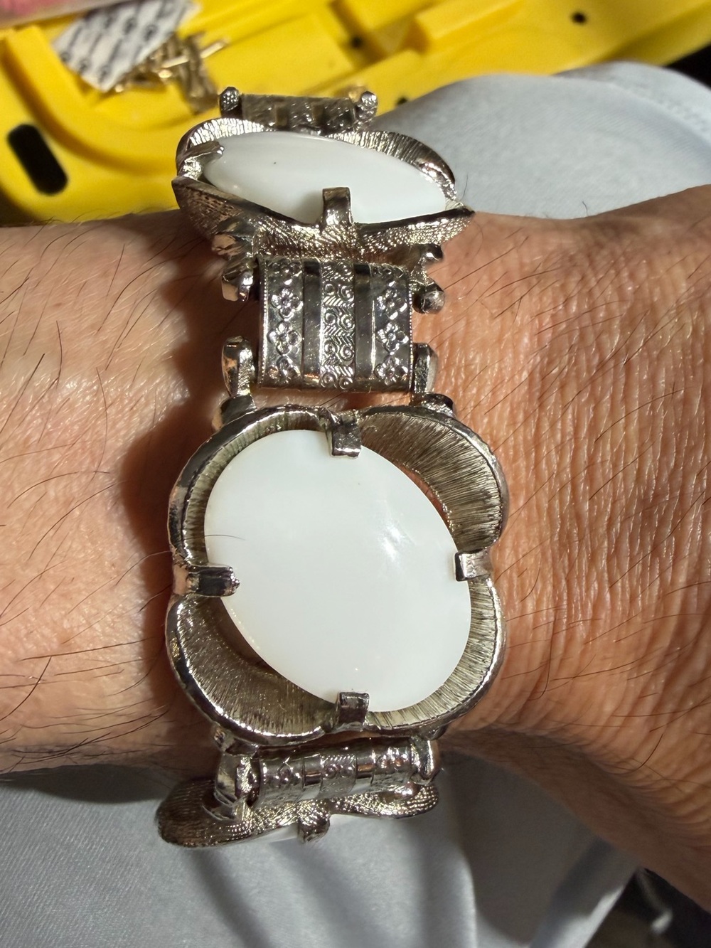 Vintage 1950’s Silver -Tone Milk Glass Statement Bracelet 8”